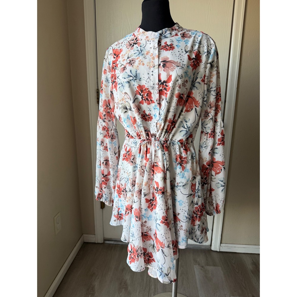 Clarisbelle Women 2XL Floral Mini Dress Long Sleeve Drawstring Waist Ruffle Hem